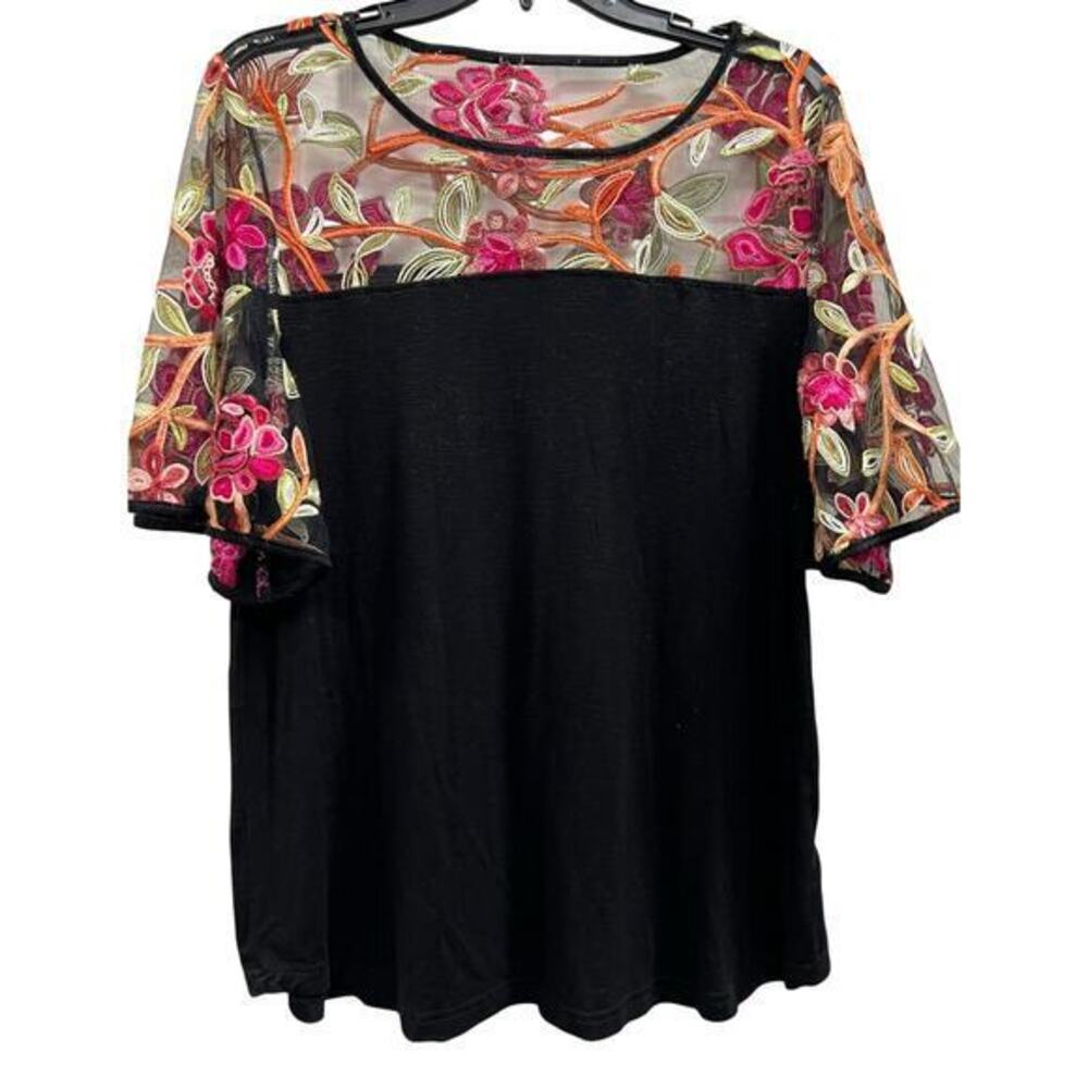 Unbranded jersey knit black embroidered mesh floral flutter sleeve sz L